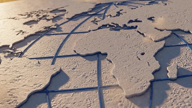 World Map Relief With Blue Longitudinal and Latitudinal Lines, Close Up