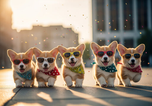 Stylish Corgi Puppies in Sunglasses and Bandanas Walking at Sunset