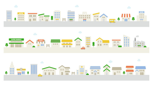 家と建物が並ぶかわいい街並みのイラスト素材　ベクター