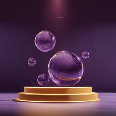 Abstract Purple Spheres with Gold Dust on Illuminated Round Stage