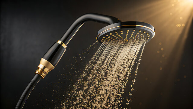 Luxurious Black and Gold Shower Head with Water Spraying, Modern Bathroom Fixture, High-End Design