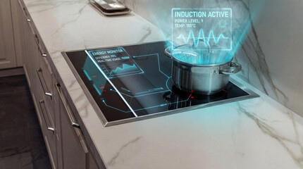 Smart induction cooktop with pot and holographic data UI