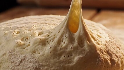 A closeup shot captures a bakers hand gently pressing a finger into a perfectly proofed soft and elastic dough checking its readiness for baking delicious homemade bread or pastry in a warm kitchen e.