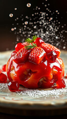 Delicious closeup of fresh red strawberries and chocolate cake served on a white plate with sweet cream and summer berries for a tasty dessert breakfast