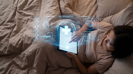 Woman using tablet for AI health diagnostics in bed