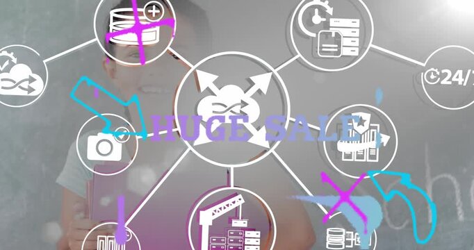 Animation of huge sale text and network of connections with icns over schoolgirl