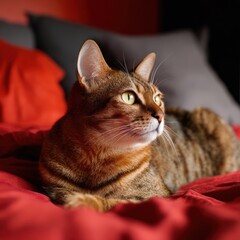 Alert Brown Tabby Cat Resting on Red Bedding with Bright Eyes