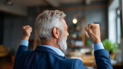 Senior businessman working in office celebrating, faceless older professional, workplace success, career achievement, experienced worker triumph, defocused office interior, with co