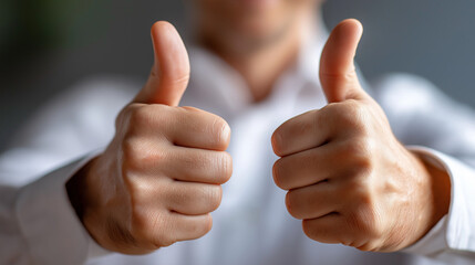 Thumbs up gesture celebrating success, faceless approval, achievement recognition, positive feedback, victory signal, triumph confirmation, clean presentation, with copy space