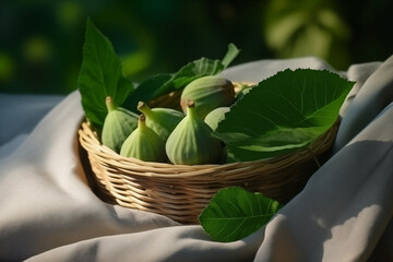Obraz premium Fresh Figs in Small Woven Basket with Green Leaves on Light Fabric in Natural Light