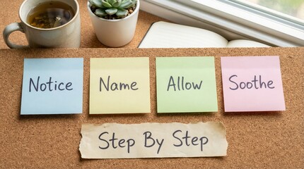 Sticky Notes and Handwritten Steps on a Corkboard Workspace