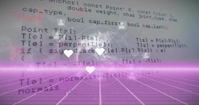 Animation of heart icons and globe and data processing over pink grid network on grey background