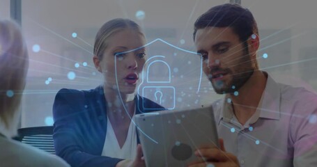 Animation of network of connections over business people using phone headsets - Powered by Adobe