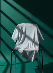White t shirt on chair against green backdrop with sunlight