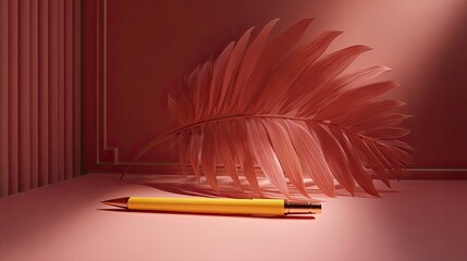 Pink Rose Fern Leaf And Gold Yellow Pen Still Life