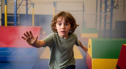 Young elementary school age boy with a terrified expression running from smoke. Child safety and emergency situation concept. Fire hazard education.