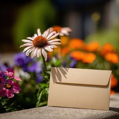 Closeup Of  Colorful Flowers And Brown Envelope