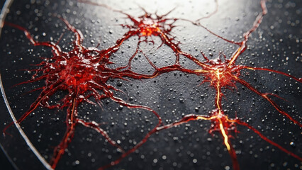 Abstract digital art depicting interconnected neural pathways glowing with intense red light against a dark, speckled background, suggesting complex brain activity or a network of ideas