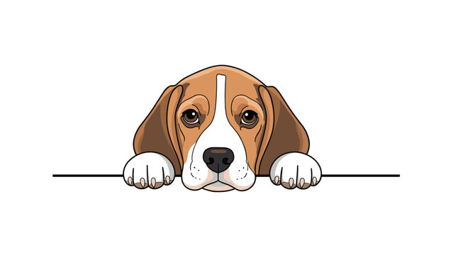 Sad beagle dog peeking over a black line with its chin and paws resting on the edge in a detailed vector drawing.