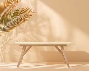Empty Wooden Table With Palm Leaf Shadow In Beige Studio