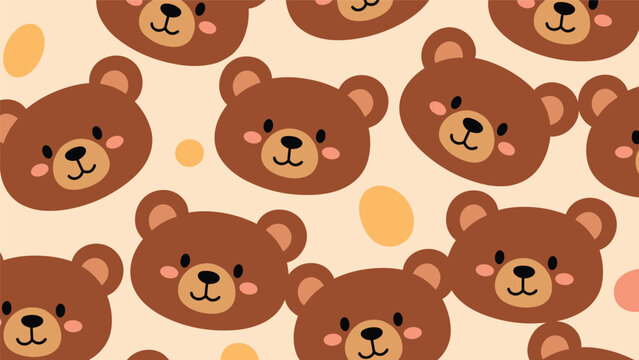 Seamless vector pattern featuring cute brown bear faces and yellow circular dots over a warm cream colored background.