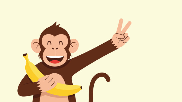 Happy brown monkey holding a yellow banana and making a peace sign with its hand in a fun cartoon illustration.