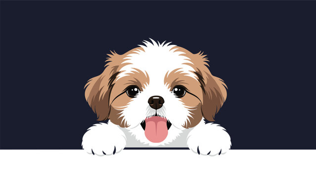 Sweet shih tzu puppy with its tongue out peeking over a white border against a dark blue background in vector style.
