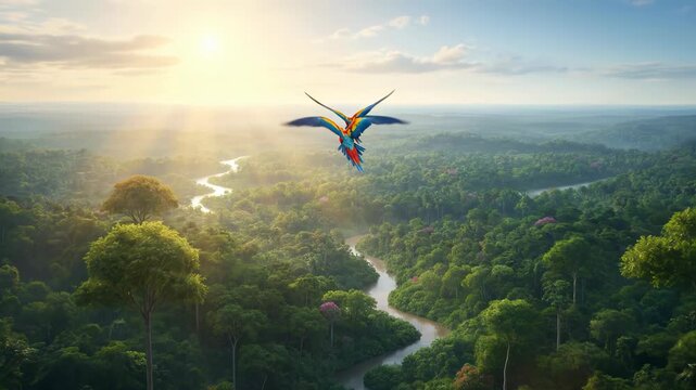 Two scarlet macaws fly over a winding river through a lush tropical rainforest at sunset with cinematic golden light
