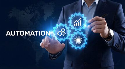 Businessman interacts with virtual glowing blue automation gears on a world map digital in