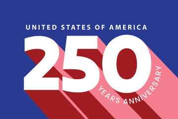 America 250 years anniversary banner with bold 250 number and red stripes on black background. USA 250th birthday celebration greeting card, poster, template, editable text design for 4th of July