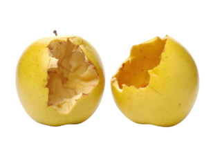 A close-up of two halves of a yellow apple revealing its interior, showcasing freshness and natural fruit texture.