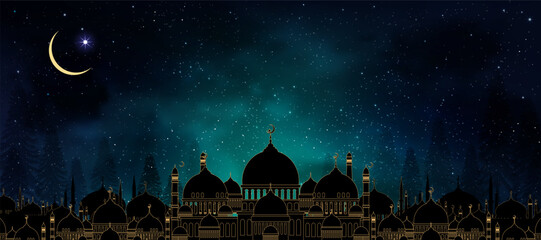 Islamic night background,Elegant golden mosque silhouette.Night sky deep blue starry sky,glowing crescent moon,stars.Vector luxury Ramadan Kareem greeting,Eid Mubarak banner,Religious event invitation
