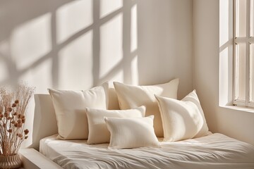 Beige Pillows On A Bed In A Sunny Bedroom