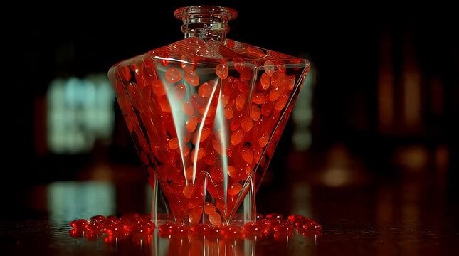 A close-up view of a vibrant red glass bottle filled with small objects on a table indoors.