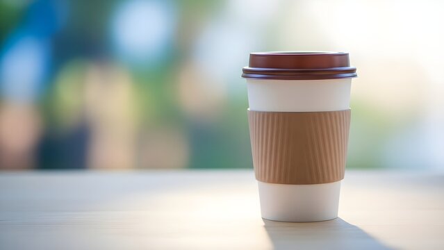 Takeaway coffee cup with brown lid and sleeve on wooden table outdoors