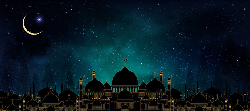 Islamic night background,Elegant golden mosque silhouette.Night sky deep blue starry sky,glowing crescent moon,stars.Vector luxury Ramadan Kareem greeting,Eid Mubarak banner,Religious event invitation