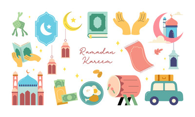 Ramadan Kareem Element Set with Flat Islamic Illustrations in Soft Pastel Color