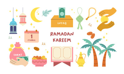 Ramadan Kareem Element Set with Flat Islamic Illustrations in Soft Pastel Color
