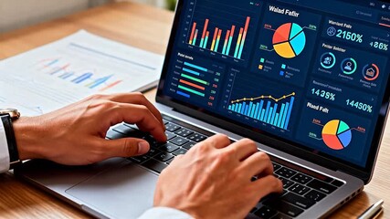 Person working on laptop with data charts - Powered by Adobe
