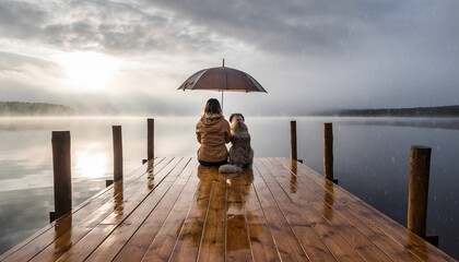Couple with dog under umbrella on pier overlooking foggy lake at sunrise