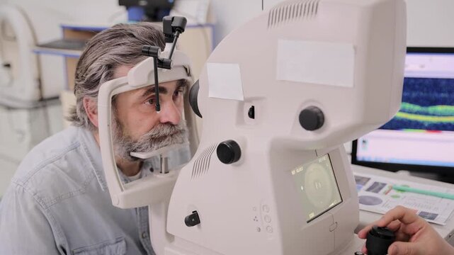 Mature man receiving eye exam at an optometry clinic undergoing vision test with an autorefractor machine
