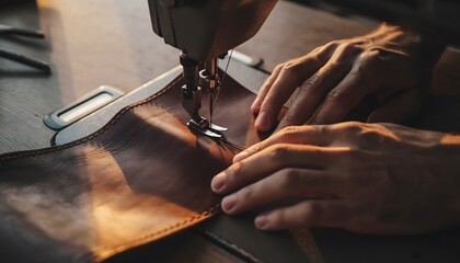 Artisan's hands meticulously stitching durable brown leather on a classic sewing machine, creating handmade goods