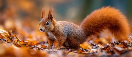 Obraz premium Alert Squirrel with Bushy Tail Standing Among Brown Autumn Leaves