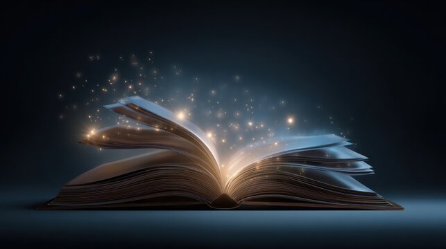 Opened Book with Glowing Light Particles on Dark Background