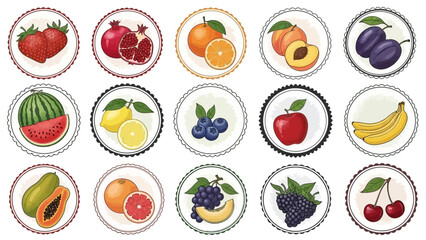 Collection of Vintage Round Fruit Stamps Featuring Strawberries, Pomegranates, and Oranges