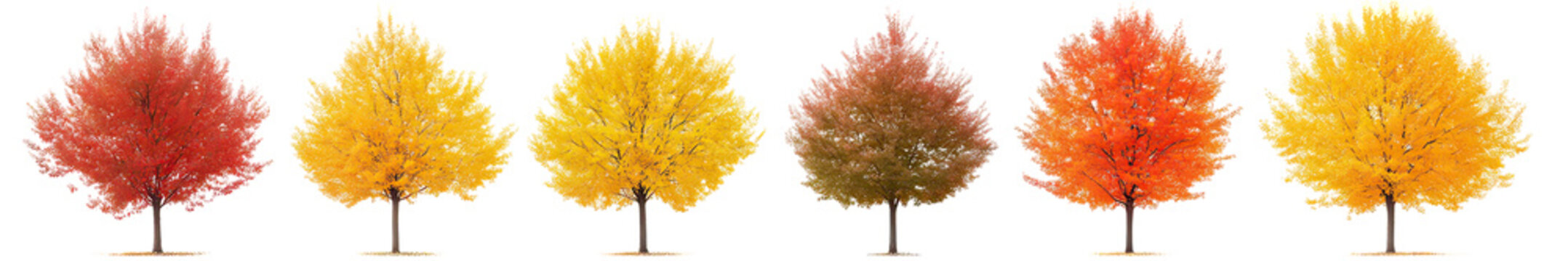 Six Chinese tallow street trees showing full fall foliage color spectrum on transparent background