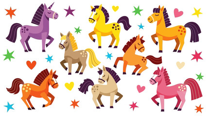 Cute Cartoon Unicorns and Horses with Stars and Hearts - Vibrant Vector Illustration