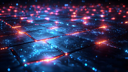 Futuristic abstract background with glowing blue and red neon lights on dark grid pattern technology network concept