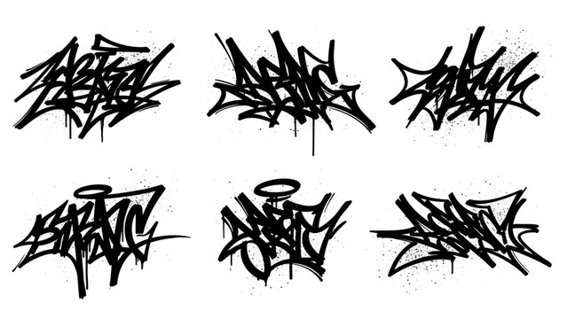 Graffiti Tag Art Set: Bold Black Spray Paint Tags and Drips on White Background