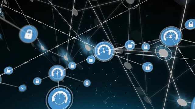 Animation of network of connections with icons over black background